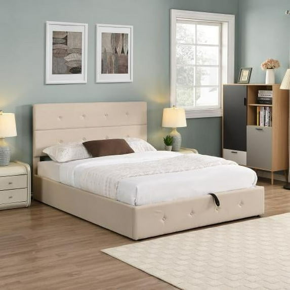 JINS&VICO Upholstered Platform Bed with Underneath Storage,Queen Size,Beige Color