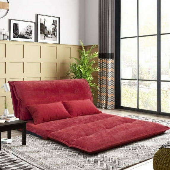 JINS & VICO Velvet Sofa Bed,Folding Futon Couch Leisure Lazy Sofa Sleeper Bed with 2 Pillows,Five Position Available, Suitble for Bedroom Living Room Balcony,Red