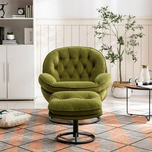 JINS & VICO Velvet Swivel Accent Chair,Modern Lounge Chair with Metal Base Frame & Footrest,Comfortable Single Leisure Sofa Chair Reading Chair with 360 Degree Swiveling for Living Room,Green