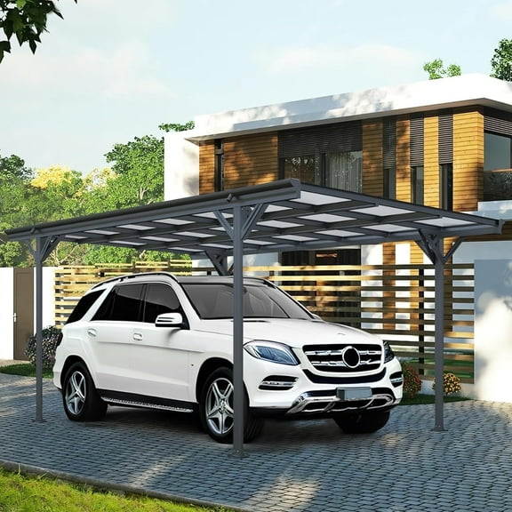 JINSEED 10 x 16ft Metal Carport with Heavy Duty Metal Frame & Pitched-Roof Polycarbonate Panel Canopy, Multi-Purpose Shelter for Car, Truck, SUV, Tractor, and Boat,Gray