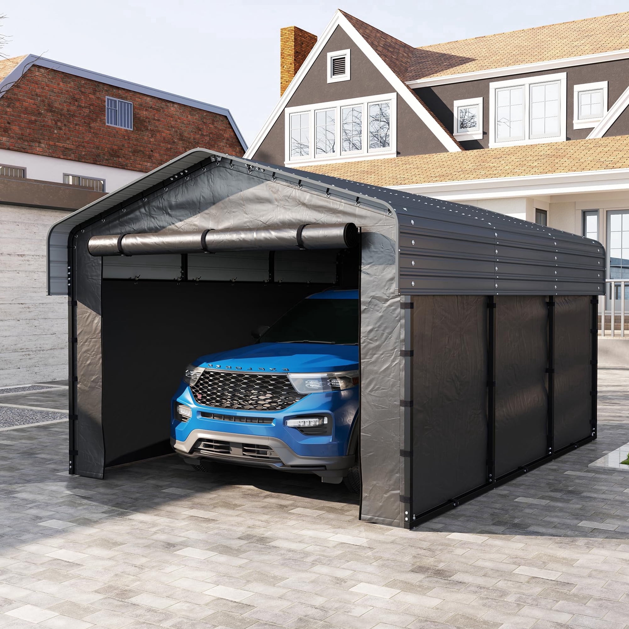 JINSEED 10x15FT Metal Carport Kit with Galvanized Steel Roof, Heavy Duty Frame with Removable Sidewalls Garage Shelter, Gray