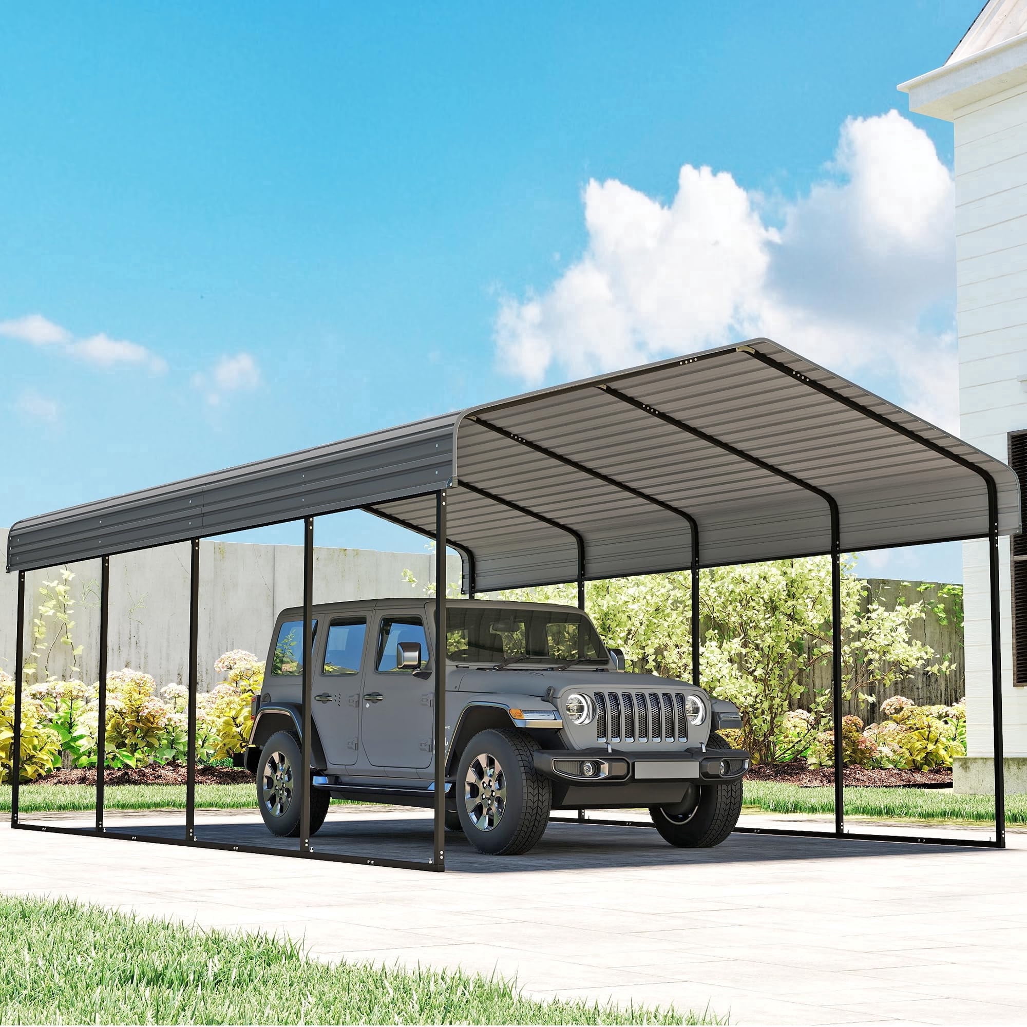 JINSEED 12'x20' Metal Carport Heavy Duty , Outdoor Garage Car Shelter Shade, Galvanized Roof for Car SUV and Boat, Grey