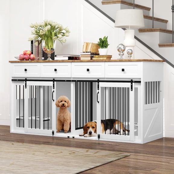 JINSEED 71 Large Dog Crate Furniture for 1 or 2 Dogs with 4 Bowls, Dog Cage with Steel Frame, White