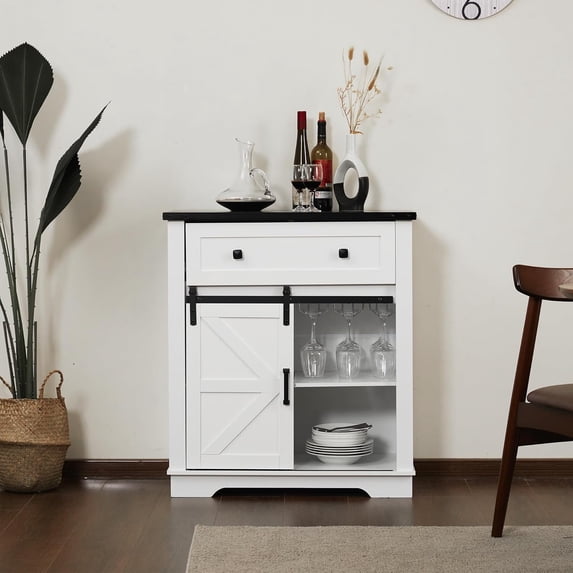 JINSEED Bar Cabinet with Drawer, Wine Bar Buffet Sideboard with Adjustable Storage, White