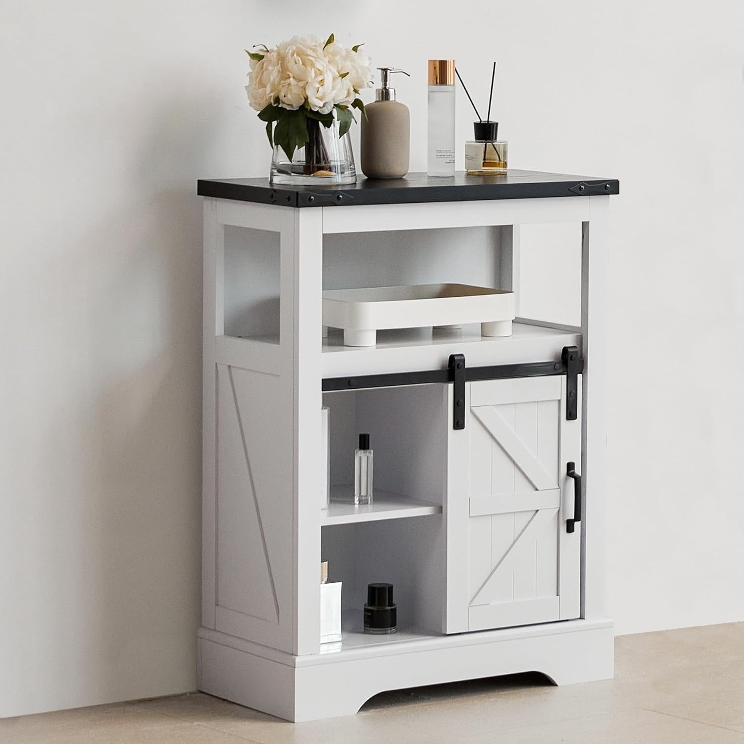 JINSEED Bathroom Floor Cabinet,Farmhouse Storage Cabinet w/ Sliding Barn Door&Storage Drawers,White