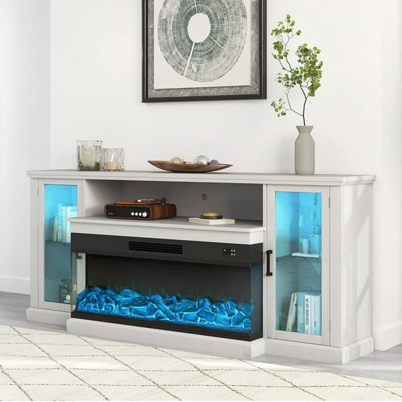 JINSEED Farmhouse Fireplace TV Stand for 80" TVsEntertainment Center with 40 3-Sided Electric Fireplace & LED Lights,for Living Room, White