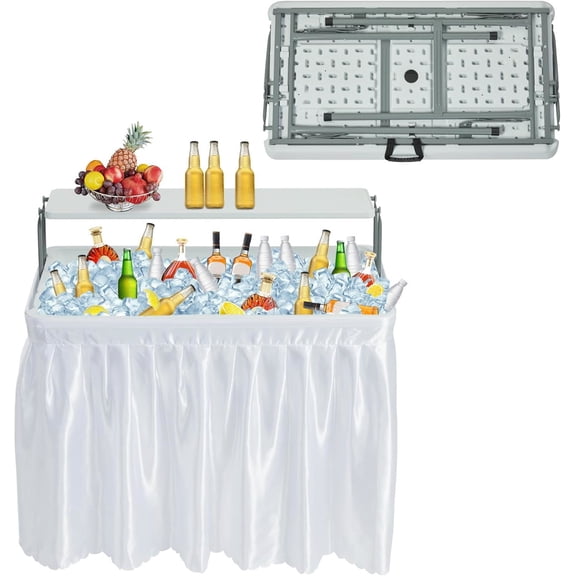 JINSEED Outdoor Ice Cooler Folding Table, Portable Cooler Table with Removable Matching Skirt, Folding Ice Chest Table White