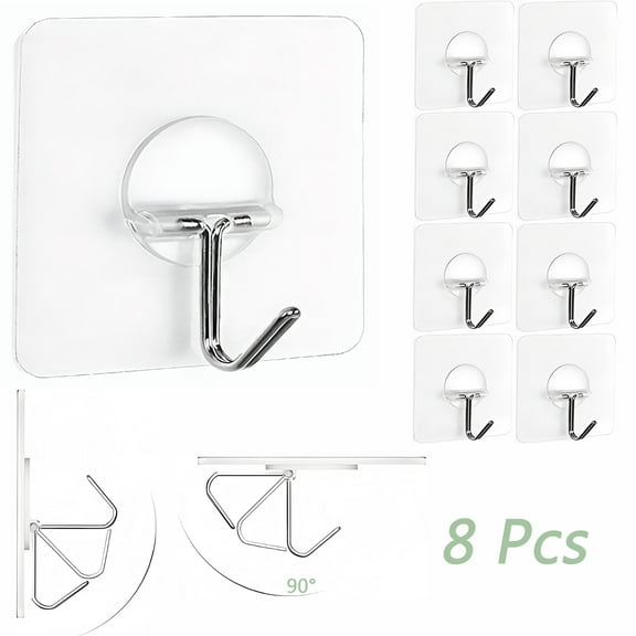 Wall Hooks, Ekuci Transparent Seamless Coat Hooks for Hanging 13lb(Max) , Bathroom Kitchen Self Adhesive Hooks, Waterproof & Oilproof, 8 Pack