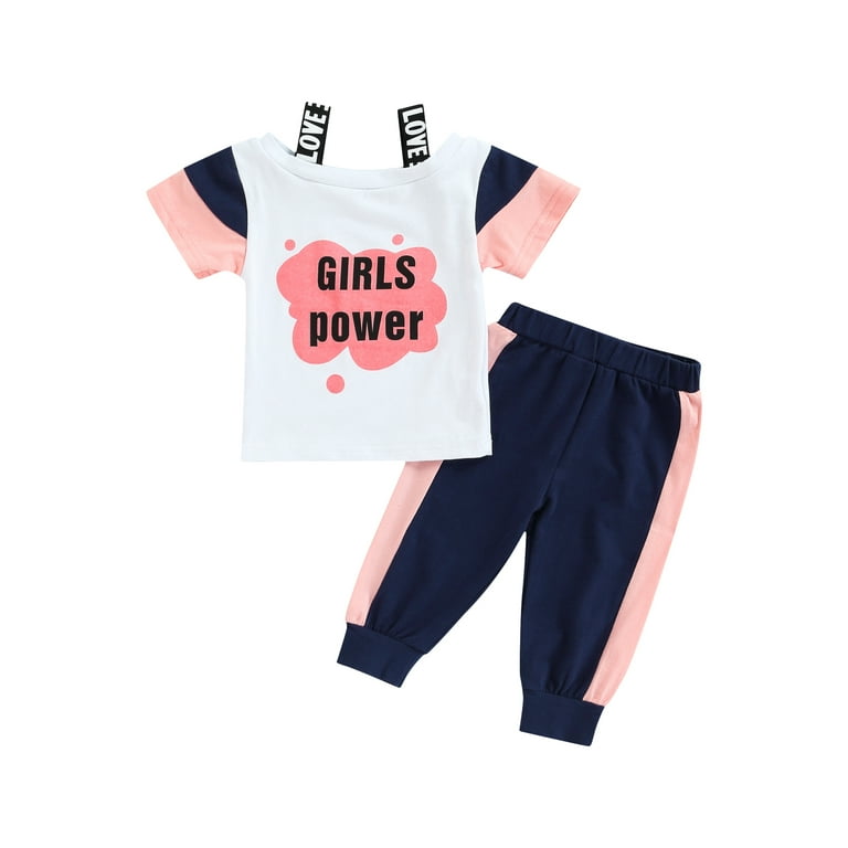 JINSIJU Baby Kid Girls Pants Set, Short Sleeve Letters Print T-shirt with  Contrast Color Long Pants 