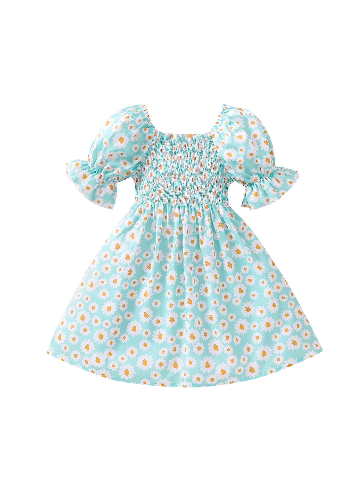 JINSIJU Casual Little Girl One Piece, Puff Short Sleeve Square Neck Floral  Elastic Tops Over Knee Dress, Kids Clothing - Walmart.com