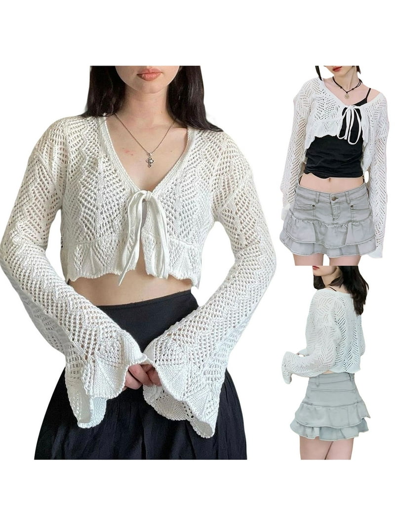 JINSIJU Chic Women Retro Crochet Cardigans Cover-Ups Y2K