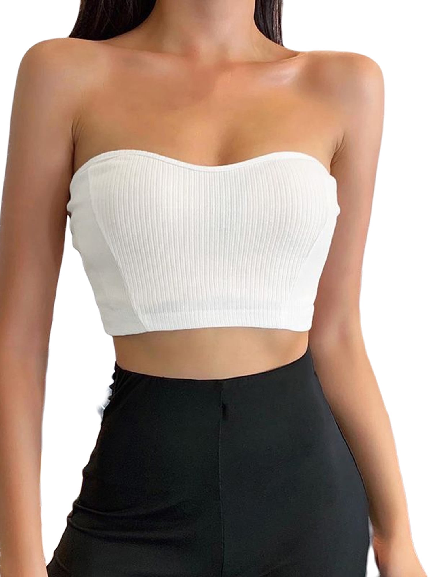 JINSIJU Summer Women Crop Top Solid Color Camisole Sleeveless Low-cut Slim  Elastic Midriff-baring Boob Daily Life Tube Top