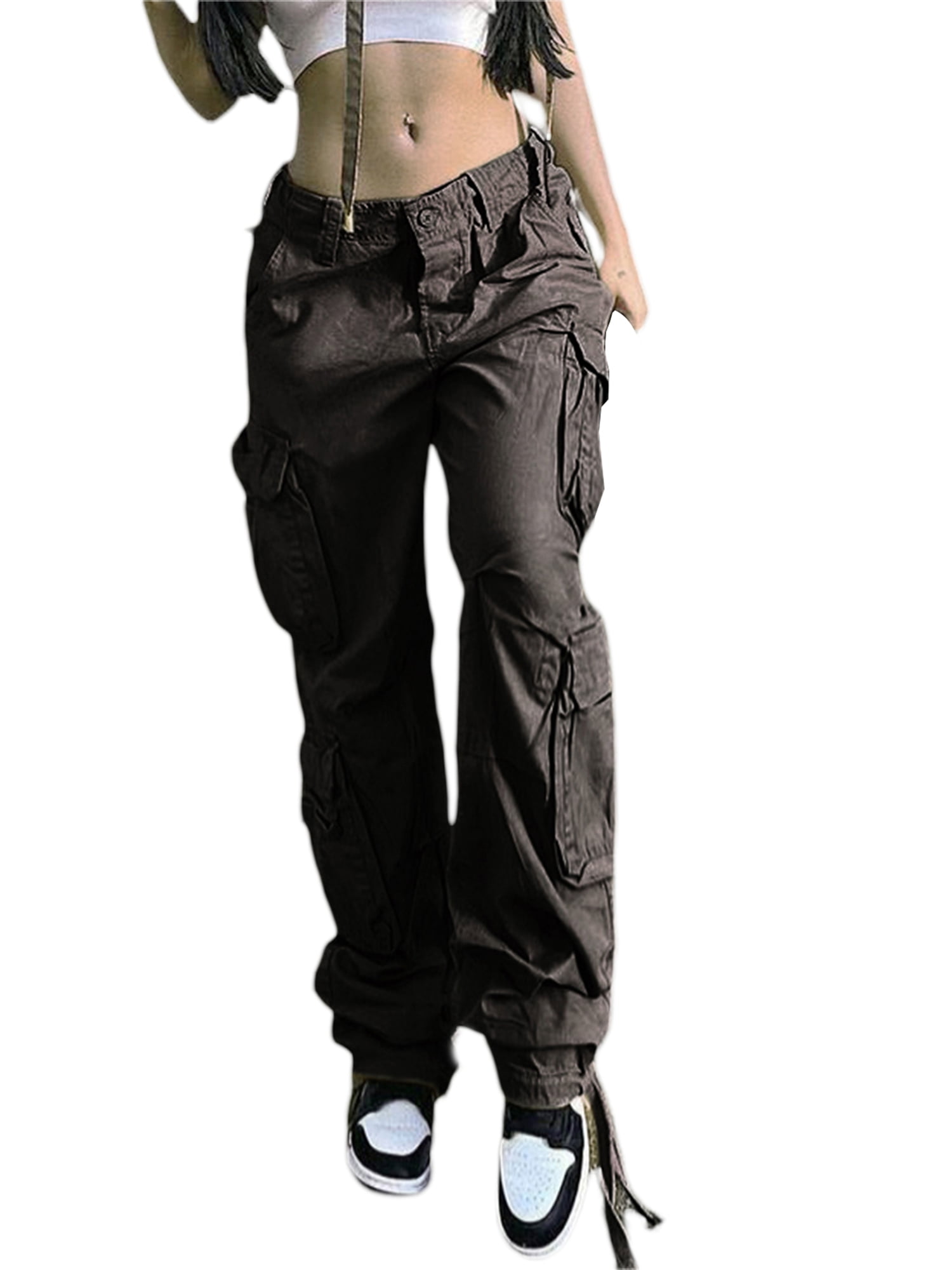 JINSIJU Women Casual Cargo Pants, Adults Loose Solid Color Zipper Trousers  with Pockets (Khaki)