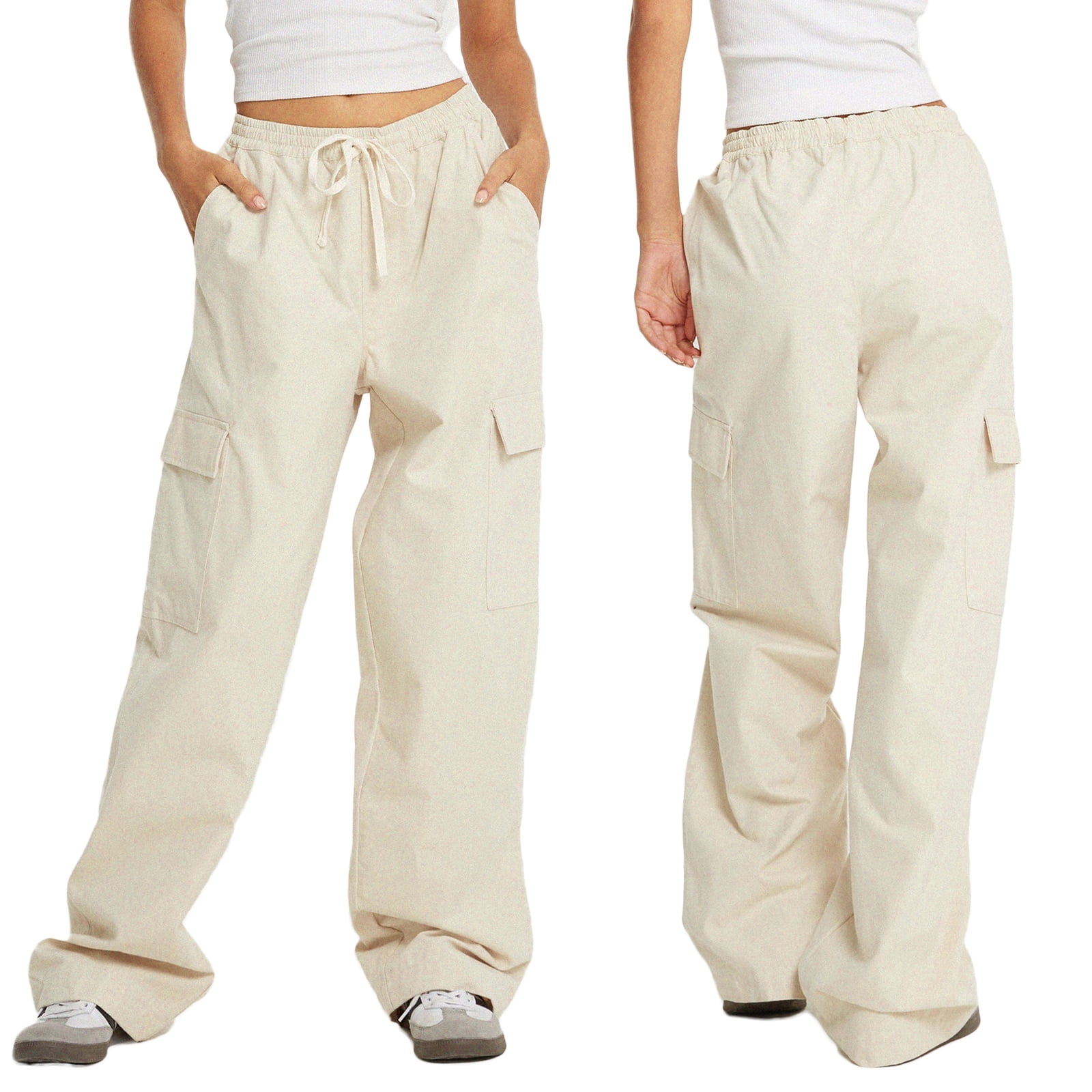 JINSIJU Women Loose Cargo Pants with Pockets, Long Casual Elastic  Drawstring Wide Leg Joggers Trousers for Fall 