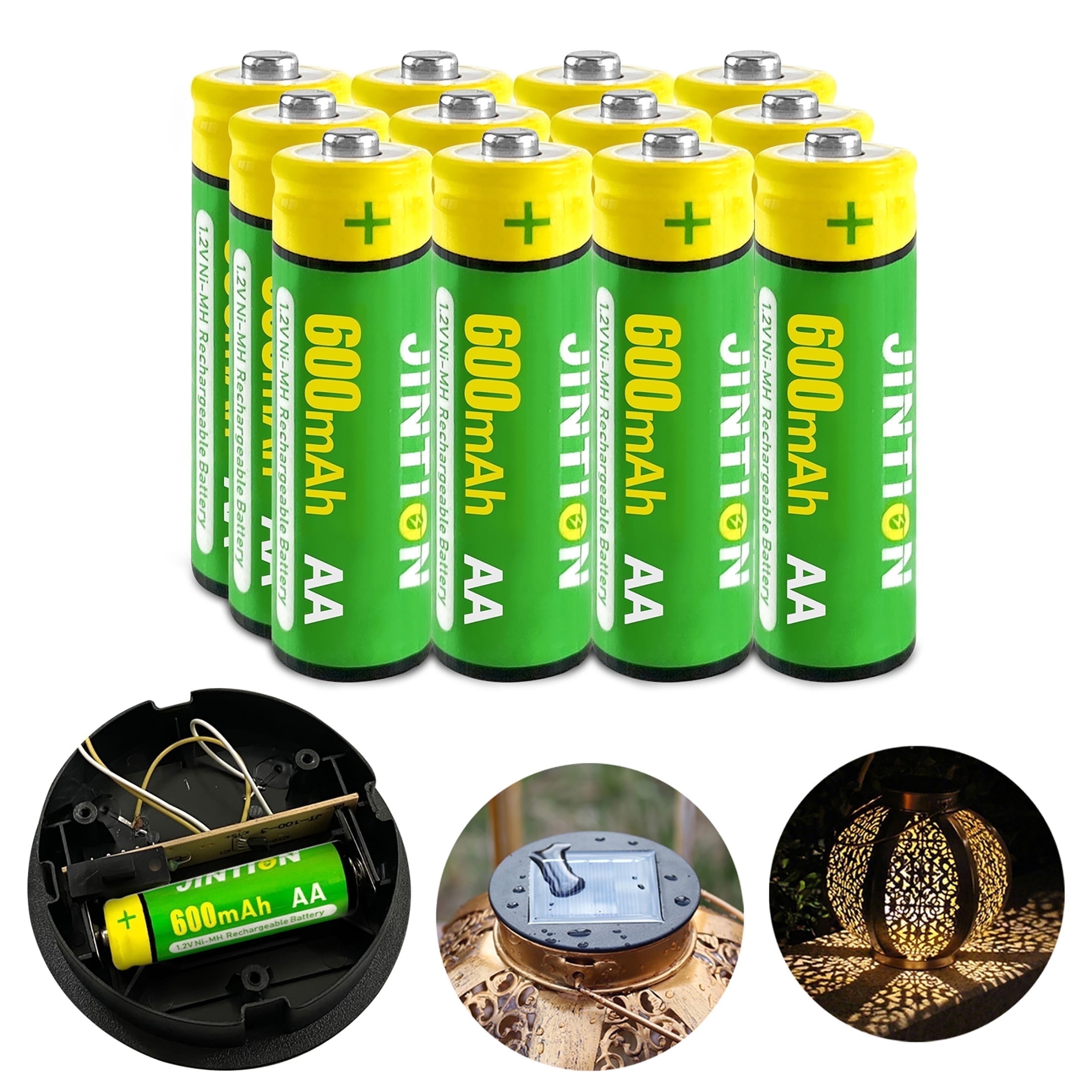 JINTION Rechargeable Aa Batteries, Double a Ni-MH 600mAh 1.2V Solar Battery