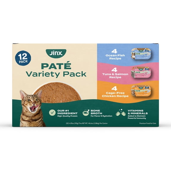Jinx Paté Variety Pack Wet Cat Food with Cage-Free Chicken, Ocean Fish, Tuna & Salmon, 12 Count