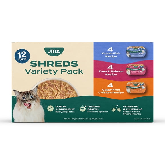 Jinx Shreds Variety Pack Wet Cat Food with Chicken, Ocean Fish, Tuna & Salmon, 12 Count