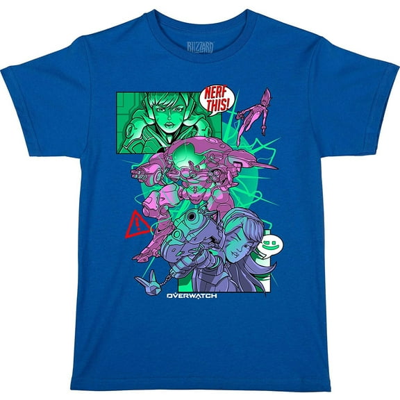JINX Overwatch Nerf This (D.Va) Boys' Gamer Tee Shirt, Royal Blue, Medium