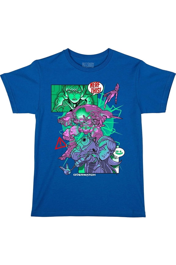 JINX Overwatch Nerf This (D.Va) Boys' Gamer Tee Shirt, Royal Blue, Medium