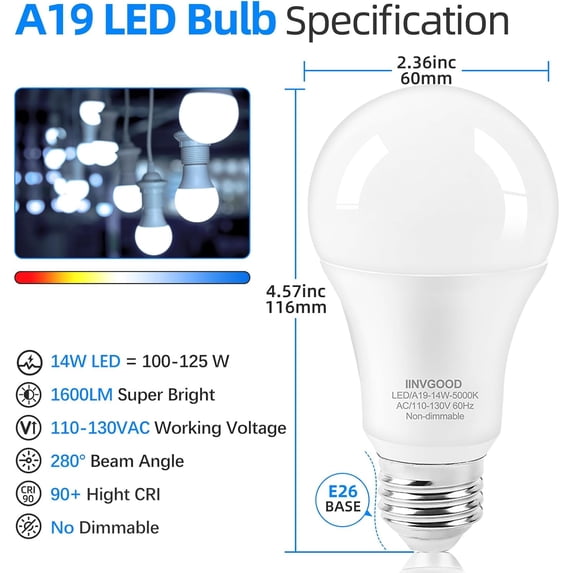JINYUN-14W 1600LM A19 LED Light Bulbs 100 Watt Equivalent, 6-Pack 2700K ...