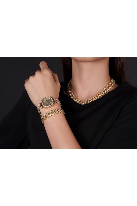 -Diamonds Gold Watch Iced Out, Women's 18K Real Gold/Rose Gold/Platinum White Gold Plated 30MM Width Square Dial Quartz Wristband 7.5" with Cuban Link Chain Necklace Bracelet, Free Giftbox