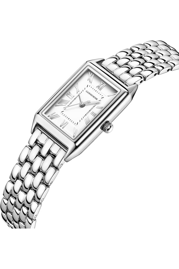 -Gold Watches for Women with Vintage Rectangular Case,White Roman Dial,Stainless Steel Band,Adjustment Tool Included,Water Resistant