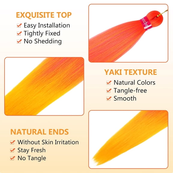 JINYUN-Ombre Hot Pink-Orange Pre Stretched Braiding Hair 30 Inch Braiding Hair 2 Packs Pre Feathered Hair Extensions Yaki Texture Braids Hair Easy to Use