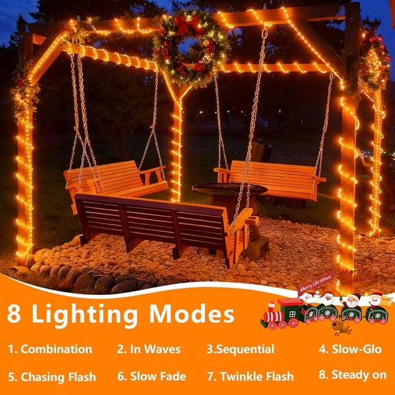 JINYUN-Solar Christmas Light Outdoor Waterproof, 66ft 200 LED Orange Rope Lights, 8 Modes Tube String Lights in Clear Thin Tube