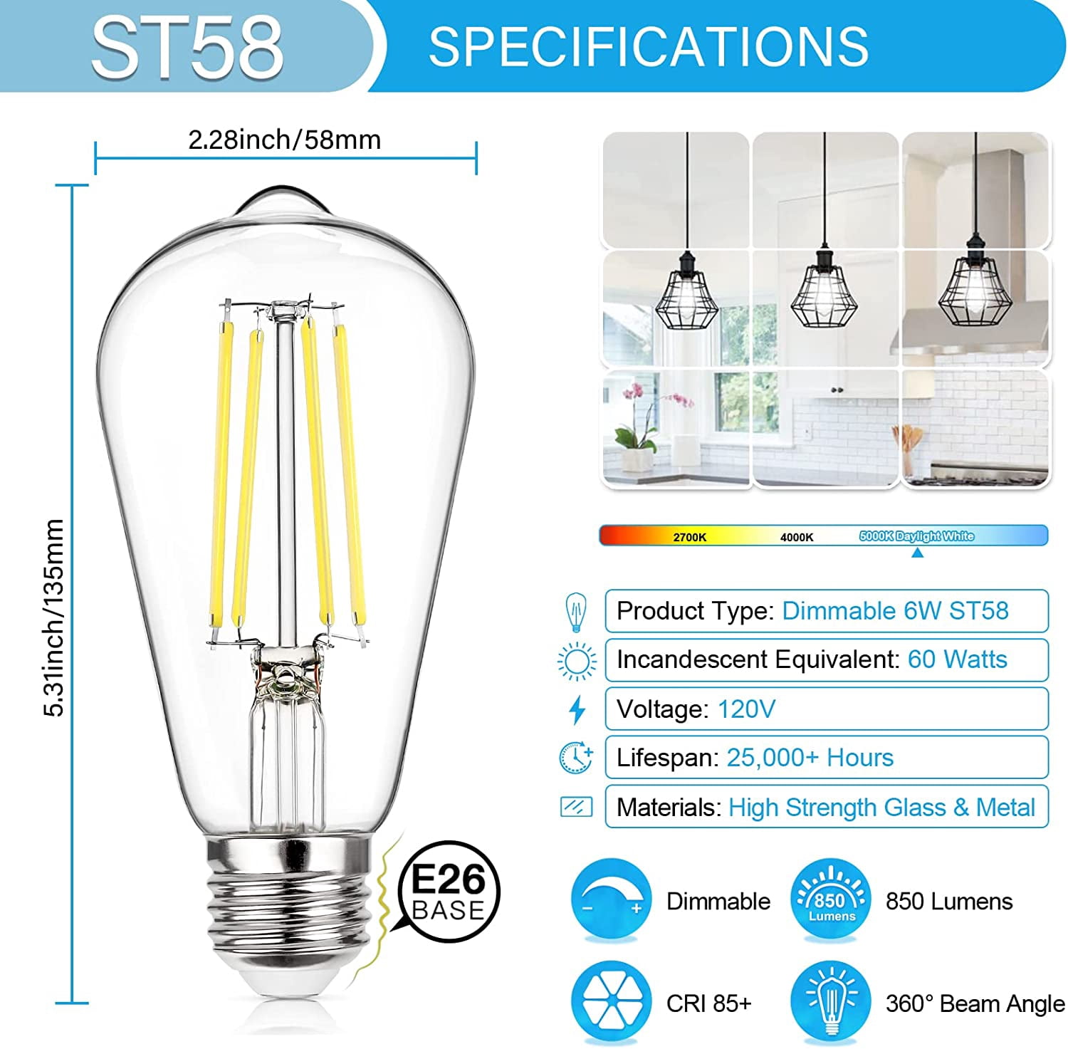 JINYUN-Vintage LED Edison Bulb Dimmable 60W Equivalent 850 Lumens, 6W ...