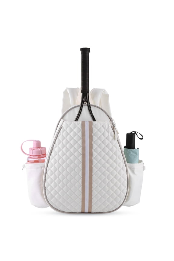 Tennis Bag, Quilted Tennis Sling Crossbody Backpack, Water Resistant Tennis Racket Bags for Women Men, Suitable for Pickleball Tennis Badminton (White)