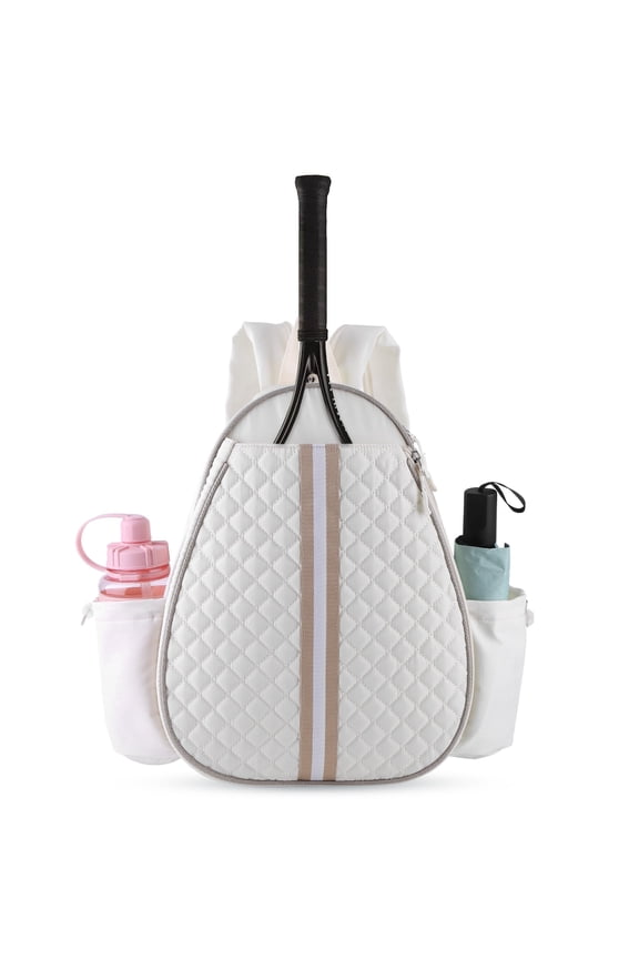 Tennis Bag, Quilted Tennis Sling Crossbody Backpack, Water Resistant Tennis Racket Bags for Women Men, Suitable for Pickleball Tennis Badminton (White)