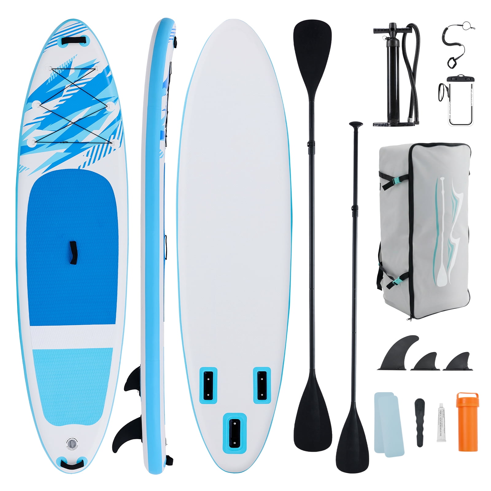 JIOABL 10'5" Inflatable Stand Up Paddle Board, Wide Stable Design, Non-Slip Deck, with Premium SUP Paddle, Pump, Backpack & Leash, Blue White