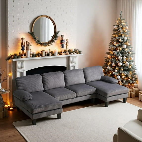 JIOABL 100" U Shaped Sectional Sofa Couches with Double Chaise, Chenille Fabric 4-Seat Set for Living Room Home Furniture, Dark Grey