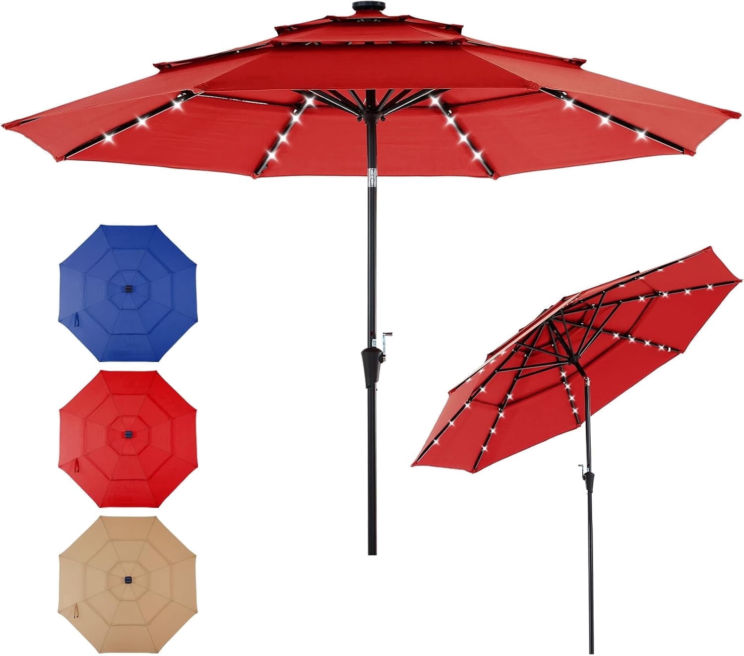 JIOABL 10FT Solar Patio Umbrella with 32 LED Lights, Tilt and Vent, 8 Ribs for Garden, Deck, Patio, Red