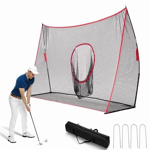 Sweetcrispy 10x7 ft Golf Practice Net with Target Holes, Driving Range Net for Indoor Outdoor Use, Red