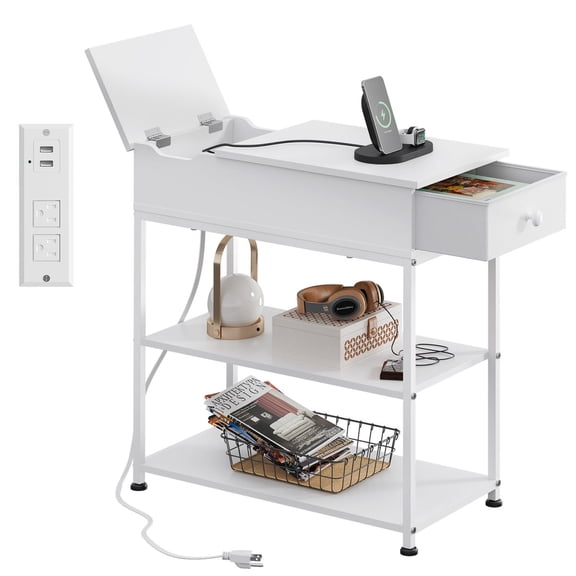 JIOABL 12 in Flip-Top End Table with Power Outlets & USB, Farmhouse Side Table with Drawer and 2 Shelves, White