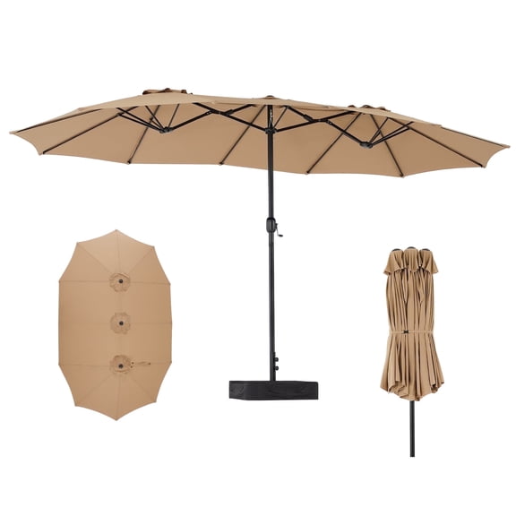 JIOABL 15FT Triple Head Patio Umbrella with Base & Sandbags, Large Outdoor Umbrella with Crank, 12 Ribs, UV-Resistant & Ventilated Canopy, Khaki