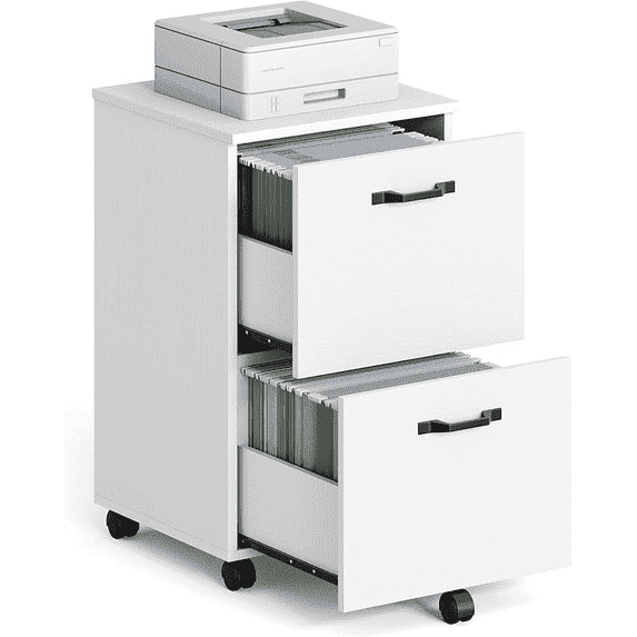 JIOABL 2 Drawer Rolling File Cabinet with Lockable Wheels, Mobile Printer Stand with Storage, White, 1 Set