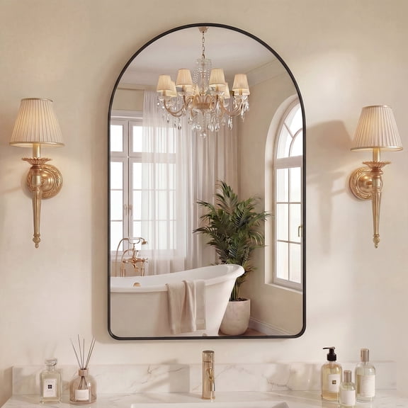 Sweetcrispy 20"X30" Arched-Top Rectangular Wall-Mounted Mirror – Aluminum Frame, HD Tempered Glass, Perfect for Bathroom, Bedroom & Living Room, Black
