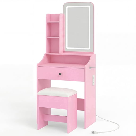 Sweetcrispy 24" Vanity Desk with Mirror, LED Makeup Vanity with 3 Light Modes & Power Outlet, Storage Drawers & Stool, Dressing Table for Bedroom, Pink