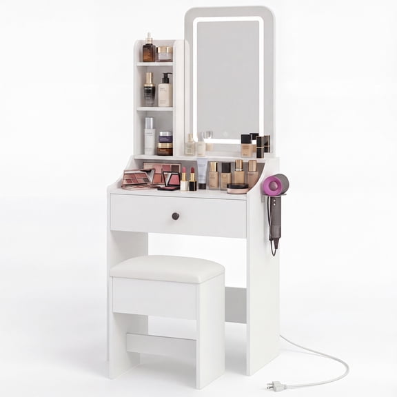 Sweetcrispy 24" Vanity Desk with Mirror, LED Makeup Vanity with 3 Light Modes & Power Outlet, Storage Drawers & Stool, Dressing Table for Bedroom, White