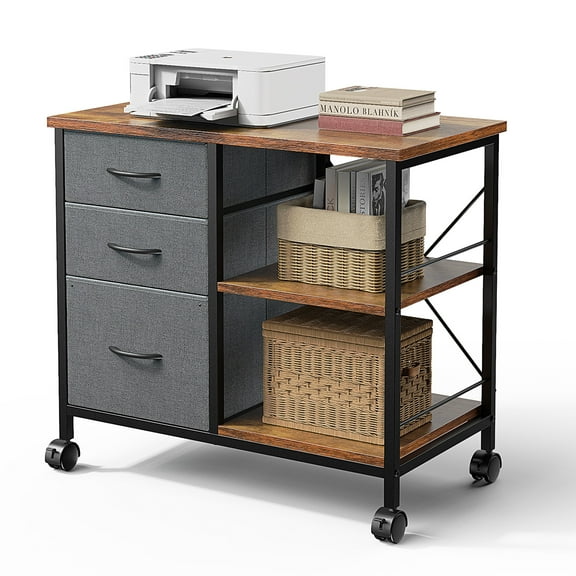 JIOABL 3-Drawer Mobile File Cabinet - Stylish Rolling Storage Solution with Open Shelf for Home Office, Rust