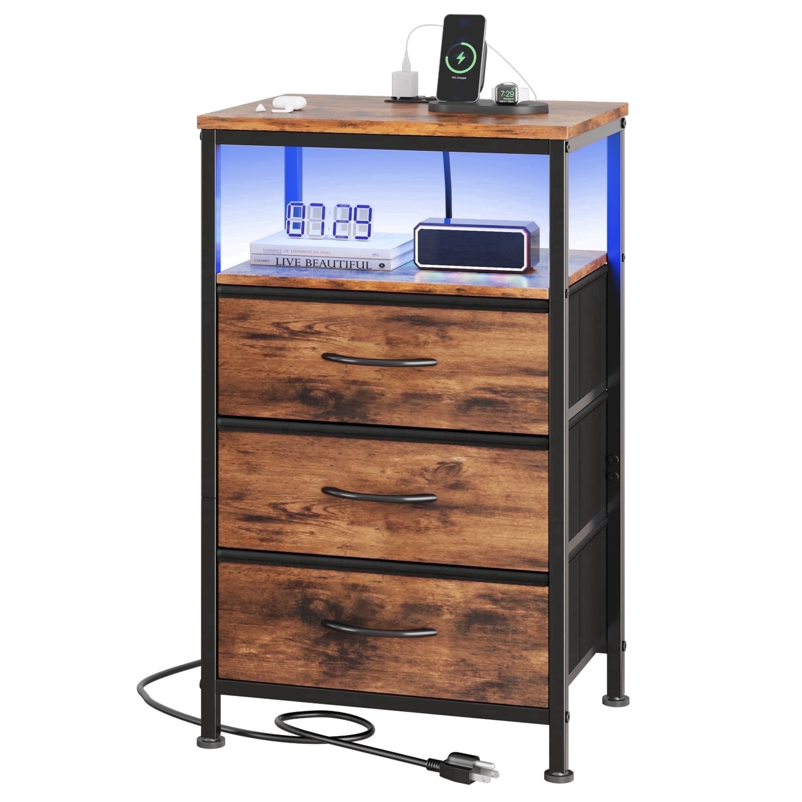 Rust Sign Drawer JIOABL 3 Drawer Nightstand with USB & Type-C Charging, Fabric Drawers ...