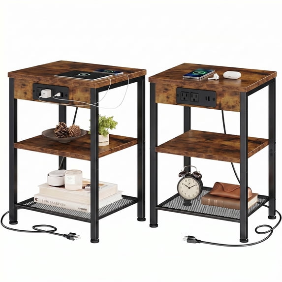 JIOABL 3-Tier Side Table, Set of 2, with USB & AC Charging Station, Adjustable Shelves, Multi-Use for Living Room & Bedroom, Rustic Brown