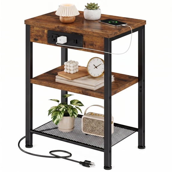 JIOABL 3-Tier Side Table with USB & AC Charging Station, Adjustable Shelves, Multi-Use for Living Room & Bedroom, Rustic Brown