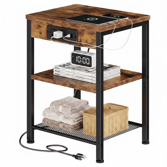 Sweetcrispy 3-Tier Side Table with USB & AC Charging Station, Adjustable Shelves, Multi-Use for Living Room & Bedroom, Rustic Brown