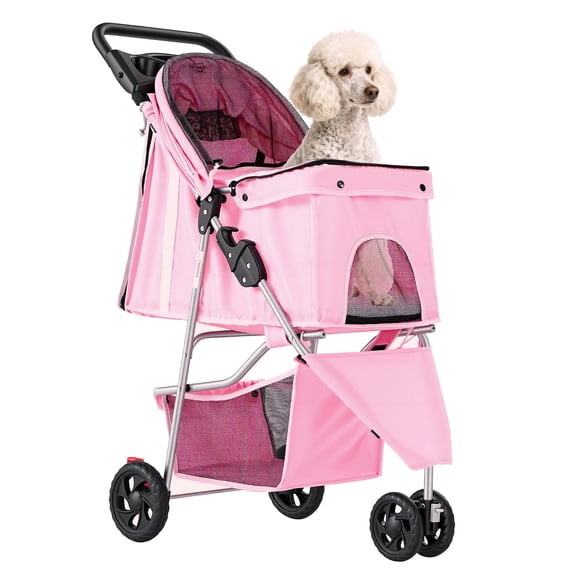 JIOABL 3 Wheels Pet Stroller with Storage Basket, Lightweight Foldable Dog and Cat Stroller with Cup Holder and Breathable Mesh for Small Pets, Pink