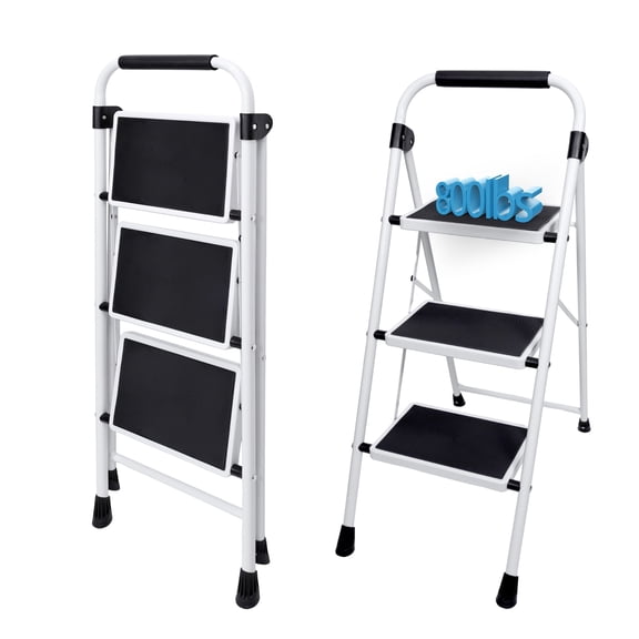 JIOABL 3 Step Ladder, 36-Inch Heavy Duty Steel Step Stool with Non-Slip Pedals, Portable for Kitchen Garage Outdoor Use, Black and White