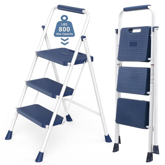 JIOABL 3 step ladder with Non-Slip Pedals and Comfortable Handrails - Portable Steel Ladder with 800 lbs Capacity - Ideal for Kitchen, Garage, and Outdoor Use -Blue