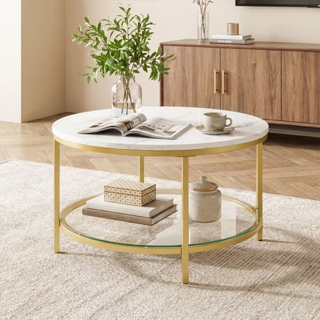 JIOABL 31" Chic Round Marble Coffee Table with Glass Shelf & Dual-Tier Storage – Living Room Clear Design, White Gray